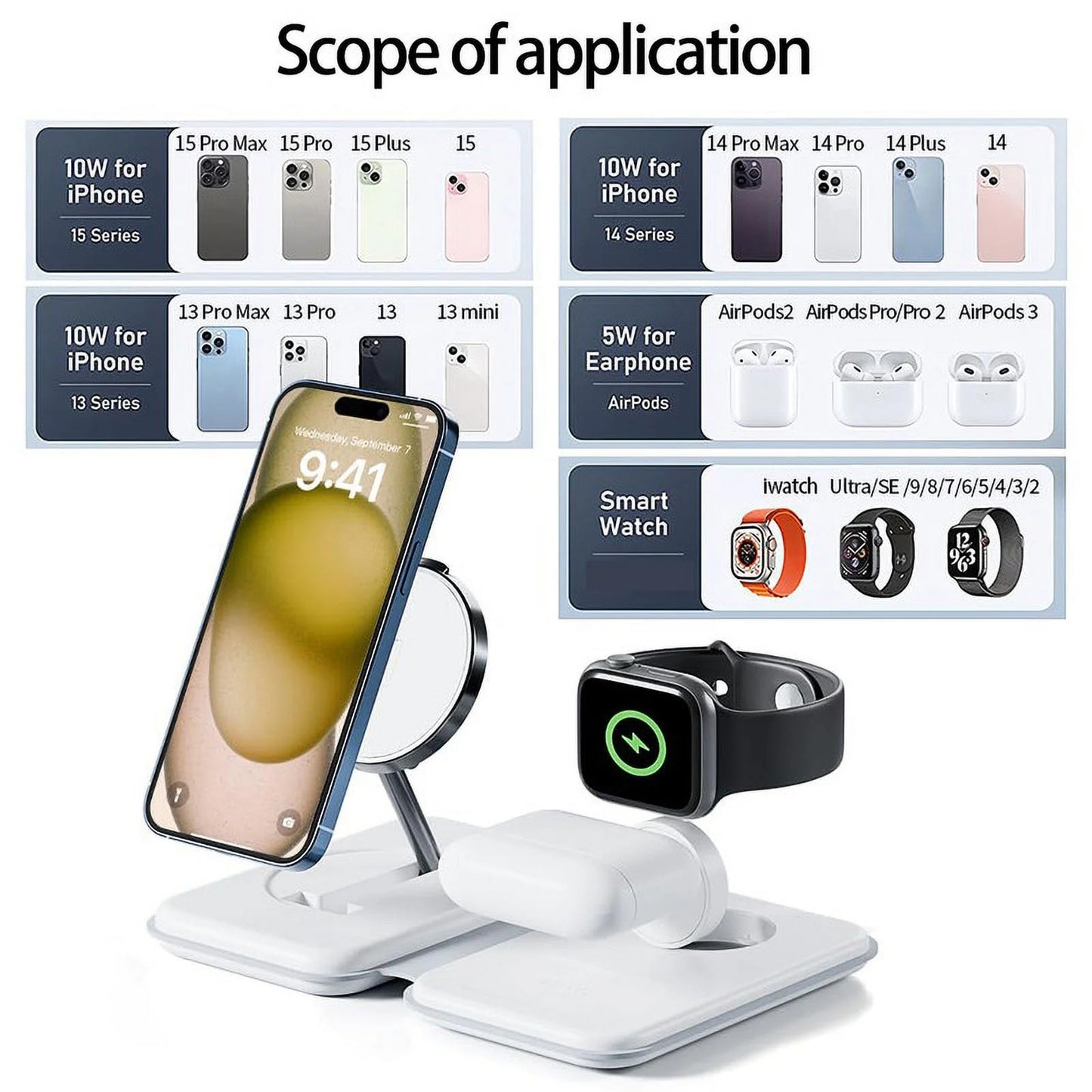 Wireless Charging Station Stand, 3 in 1 Magnetic Charger Stand for Iphone 15/14/13, Foldable Travel Charger Dock for Airpods Pro/3/2, Watch 2-9/Se/Ultra