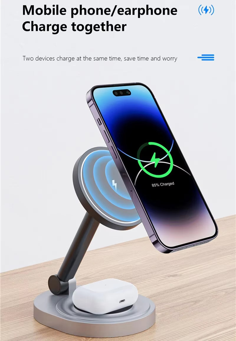 2 in 1 Magnetic Wireless Charger Stand Pad Foldable Fast Charging Station Dock for Iphone 14 13 12 Pro Max Mini Airpods Pro 2/3