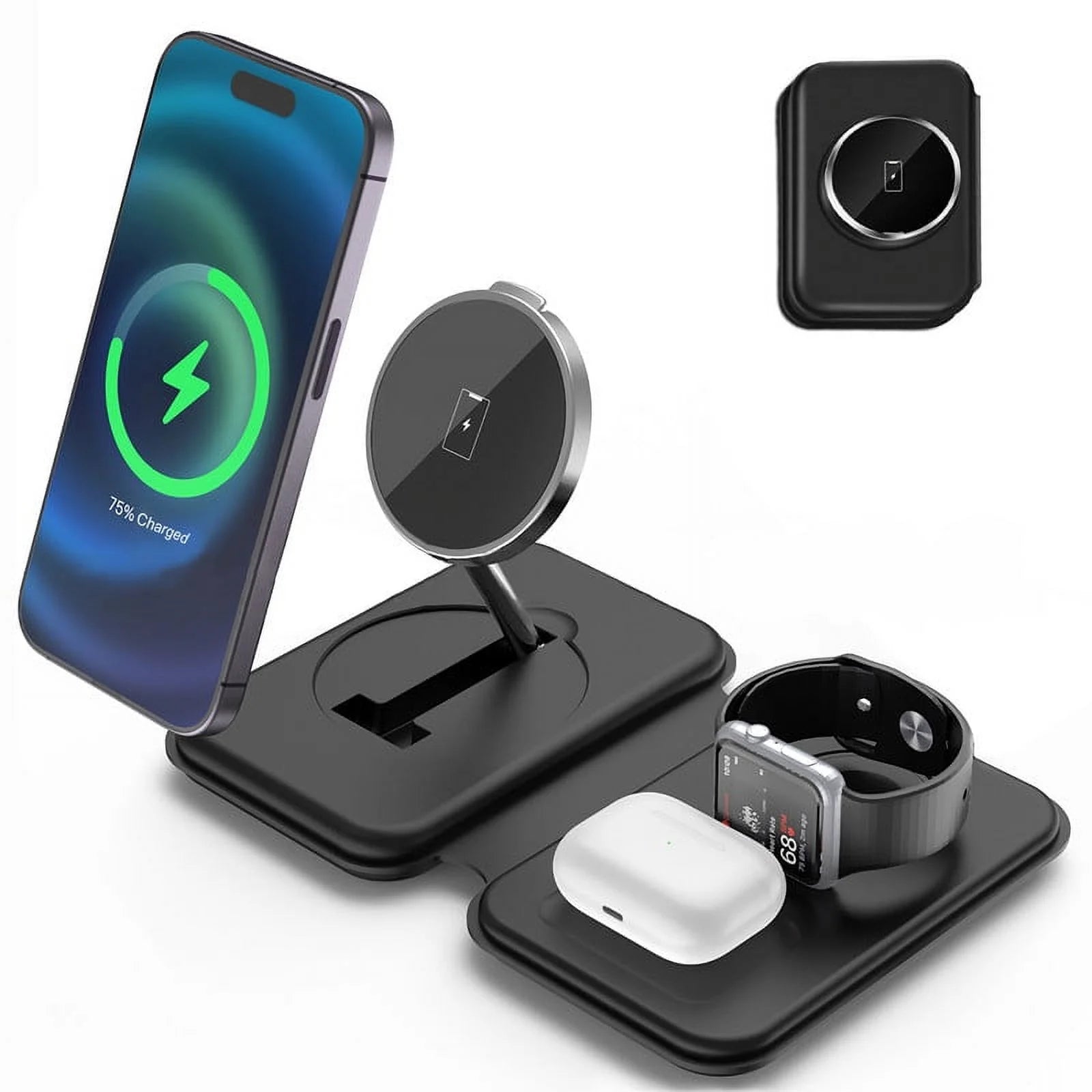 Wireless Charging Station Stand, 3 in 1 Magnetic Charger Stand for Iphone 15/14/13, Foldable Travel Charger Dock for Airpods Pro/3/2, Watch 2-9/Se/Ultra