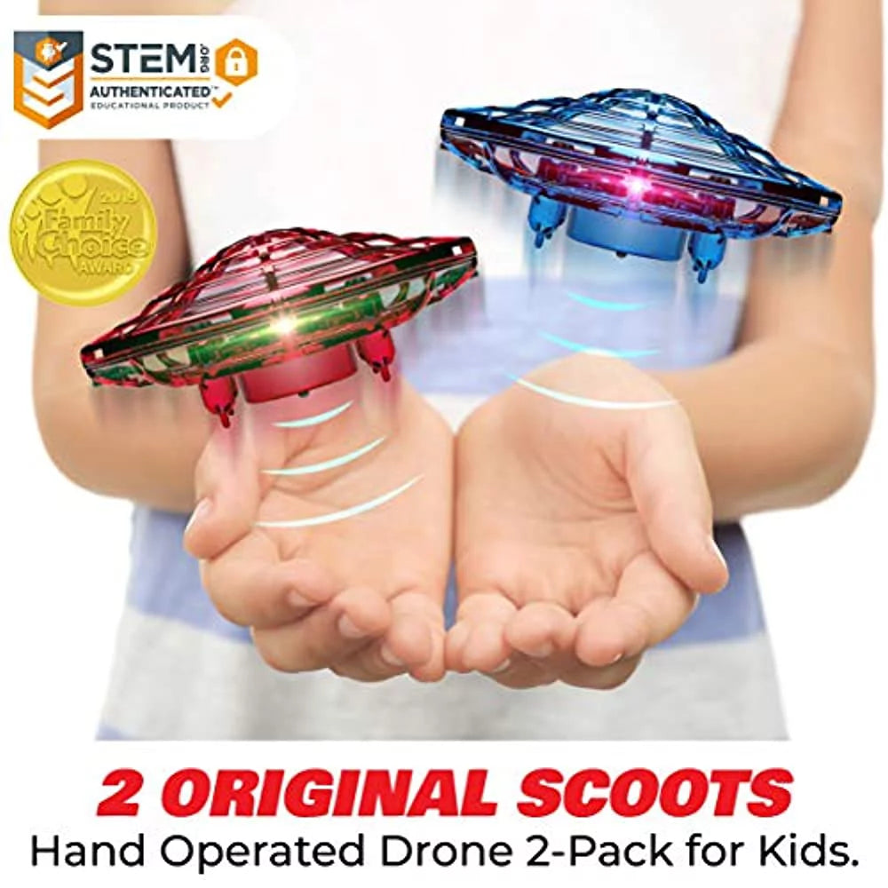 Scoot Duo Aerial 5 Sensor Mini Drones, Hand Operated UFO Hover Drone Toy with Multi-Color LED Lights, Gesture Control STEM Flying Toy for Boys and Girls, 2 Pk