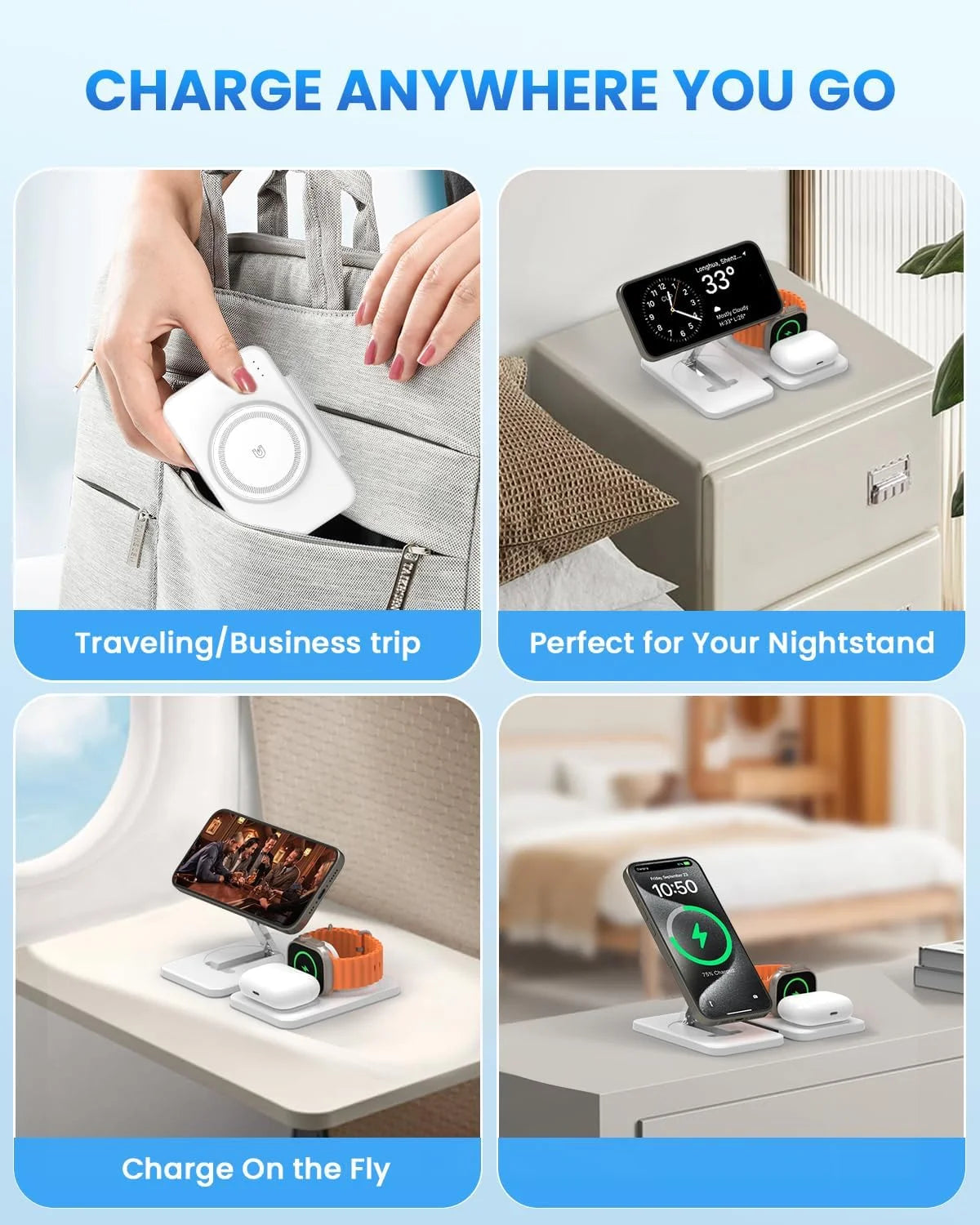 Wireless Charging Station Stand, 3 in 1 Magnetic Charger Stand for Iphone 15/14/13, Foldable Travel Charger Dock for Airpods Pro/3/2, Watch 2-9/Se/Ultra